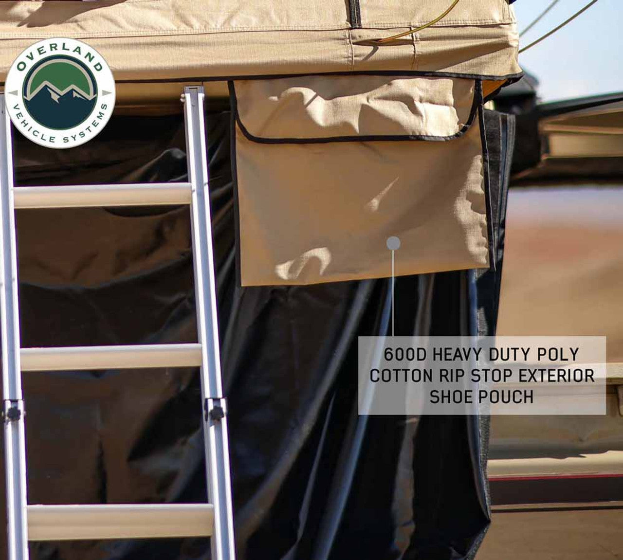 OVS | Roof Top Tent | LD TMBK 3 Roof Top Tent With Annex - Tan Base With Green Rain Fly, Black Aluminum Base, Black Ladder Overland Vehicle Systems | 18119733