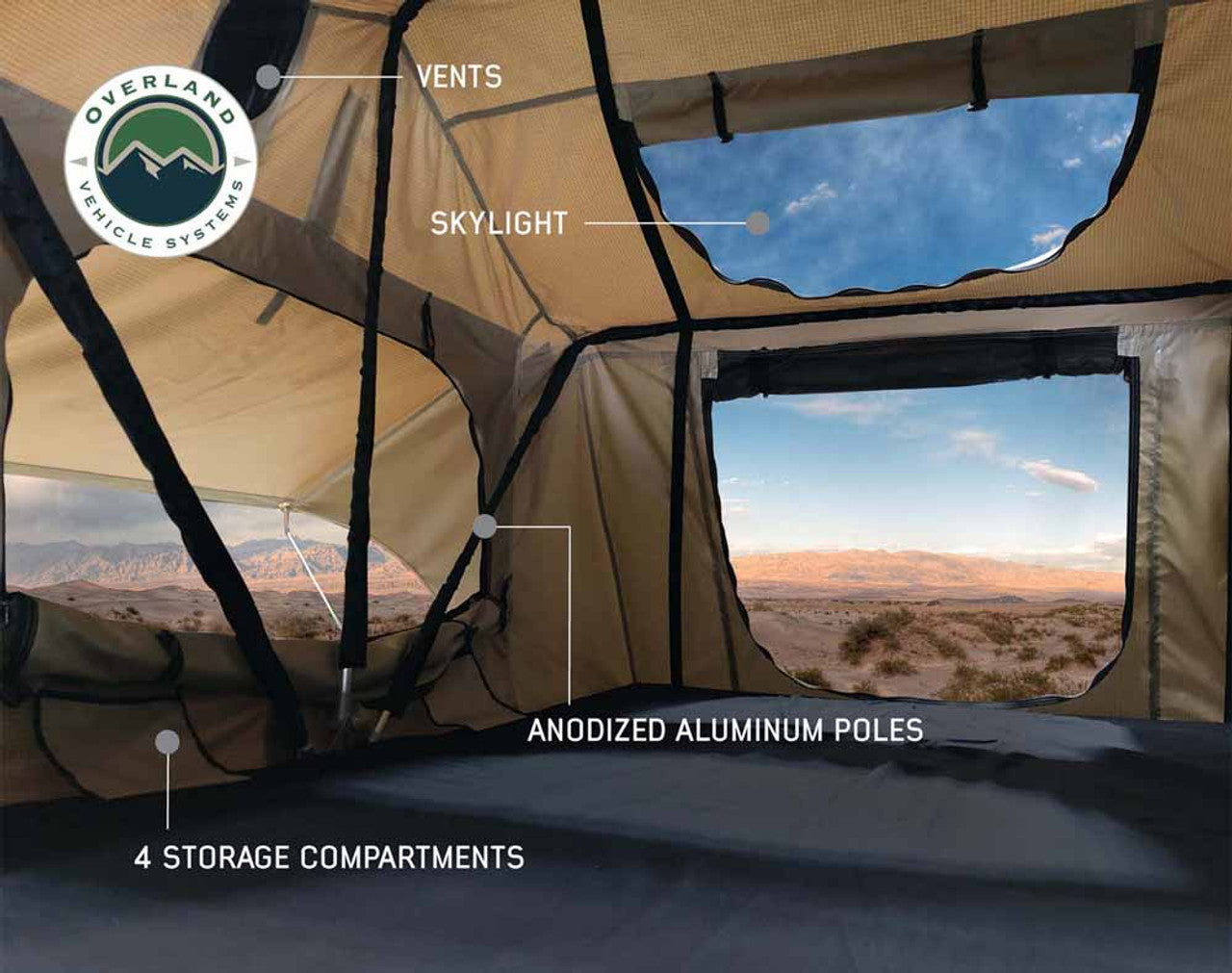OVS | Roof Top Tent | LD TMBK 3 Roof Top Tent With Annex - Tan Base With Green Rain Fly, Black Aluminum Base, Black Ladder Overland Vehicle Systems | 18119733