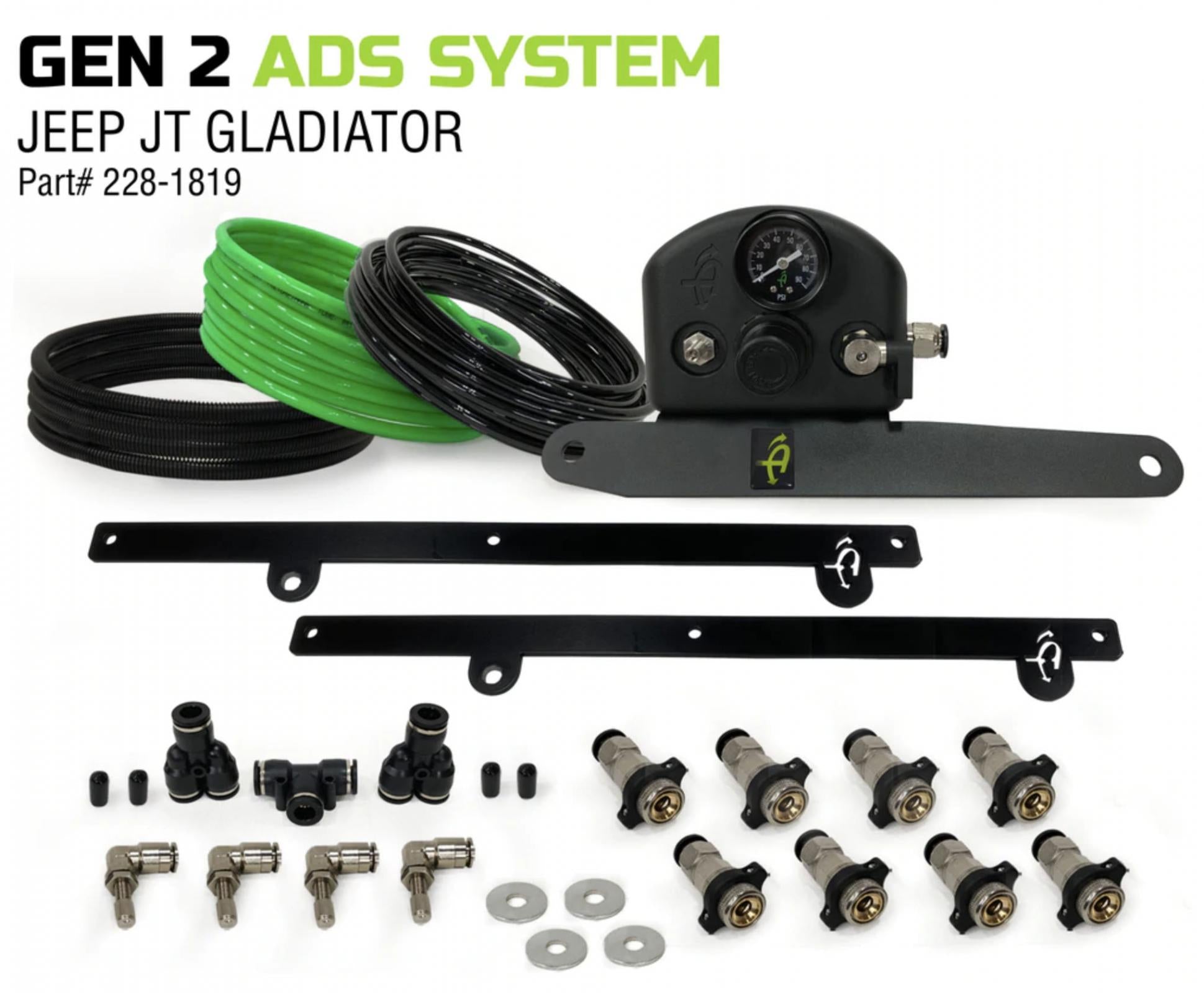 Up Down Air | Tire Inflation System | Gladiator Tire Inflator System 4 Tire For 19-20 Jeep Gladiator W/Engine Mount With Box, Fittings, Hoses and Storage Bag Black UP Down Air | 228-1819