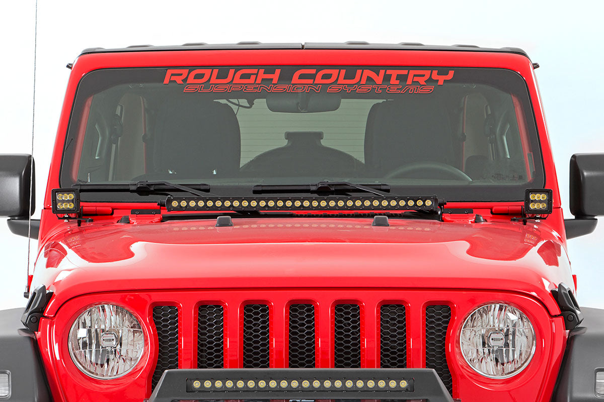 Rough Country | LED Light Pods | Jeep JL/Gladiator 2 Inch LED Lower Windshield Kit Black Series w/Amber DRL For 18-Pres Wrangler JL/20-Pres Gladiator Rough Country | 70052DRLA