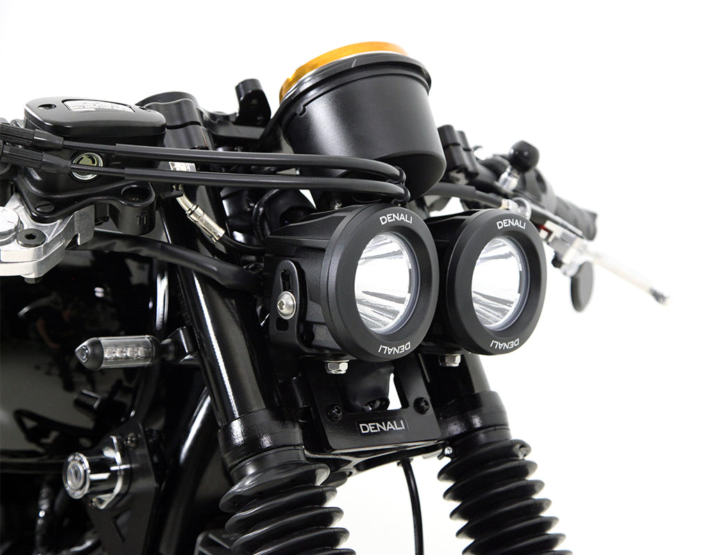 LAH.11.10400 DENALI Dual DR1 2.0 Headlight Converion Kit for Triumph Bonneville & T100 '04-'14, Includes Turn Signal, Ignition, Rectifier, & Horn Relocation Brackets, and DR1 LED Lighting Kit with Mount