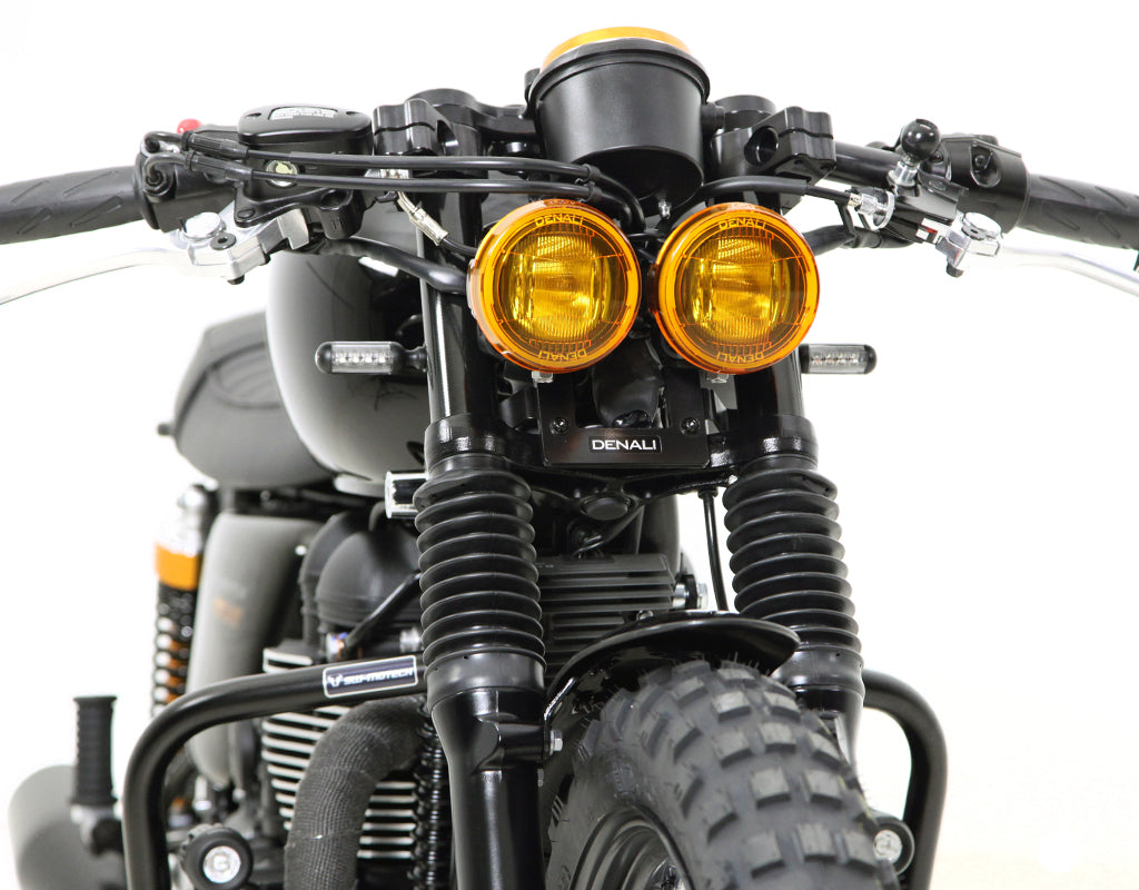 LAH.11.10400 DENALI Dual DR1 2.0 Headlight Converion Kit for Triumph Bonneville & T100 '04-'14, Includes Turn Signal, Ignition, Rectifier, & Horn Relocation Brackets, and DR1 LED Lighting Kit with Mount