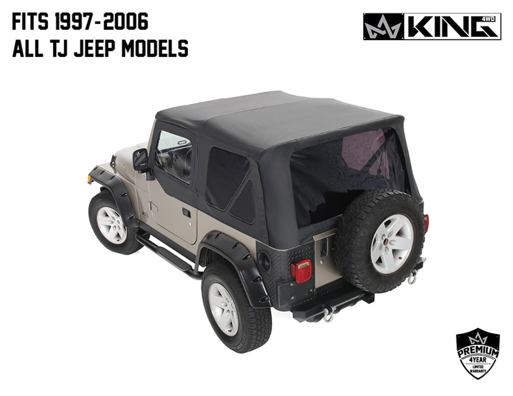 King 4WD | Soft Tops | Jeep TJ Replacement Soft Top With Tinted Windows Upper Doors For 97-06 Wrangler TJ Black Diamond King 4WD | 14010135T