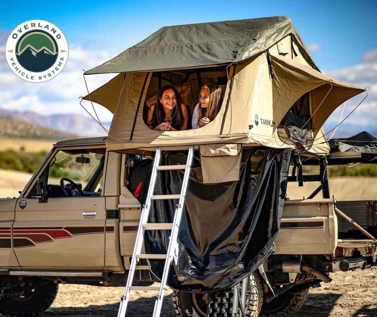 OVS | Roof Top Tent | LD TMBK 3 Roof Top Tent With Annex - Tan Base With Green Rain Fly, Black Aluminum Base, Black Ladder Overland Vehicle Systems | 18119733