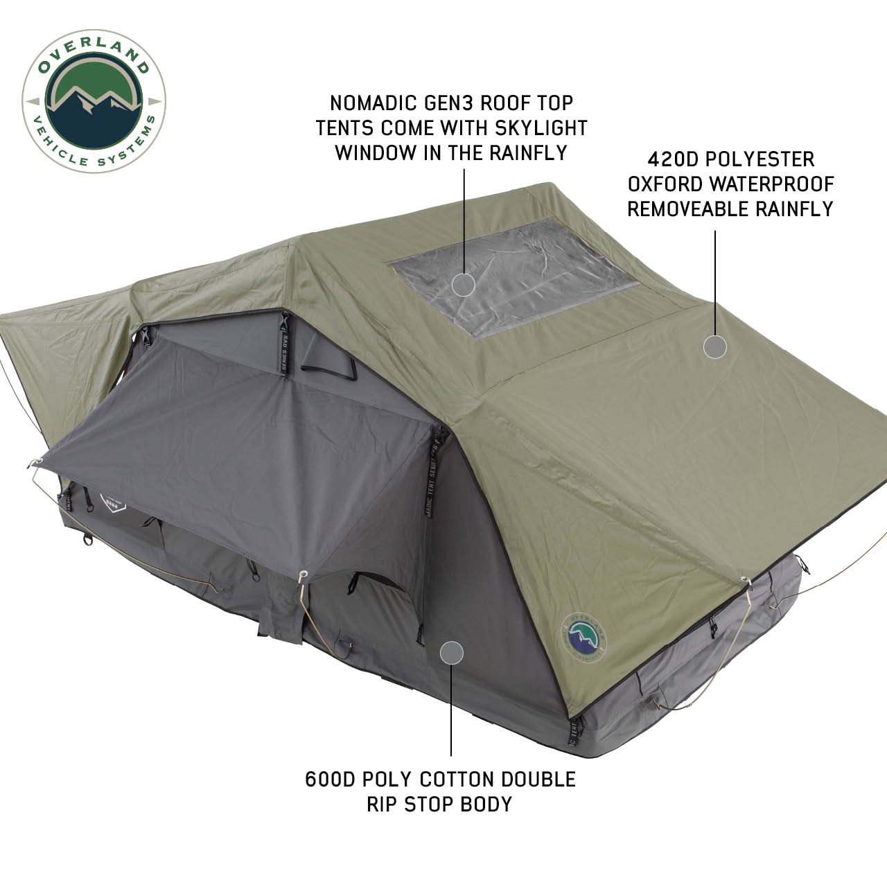 OVS | Roof Top Tent | HD Nomadic 3 Standard Soft Shell Roof Top Tent, Grey Body & Green Rainfly | 18439936