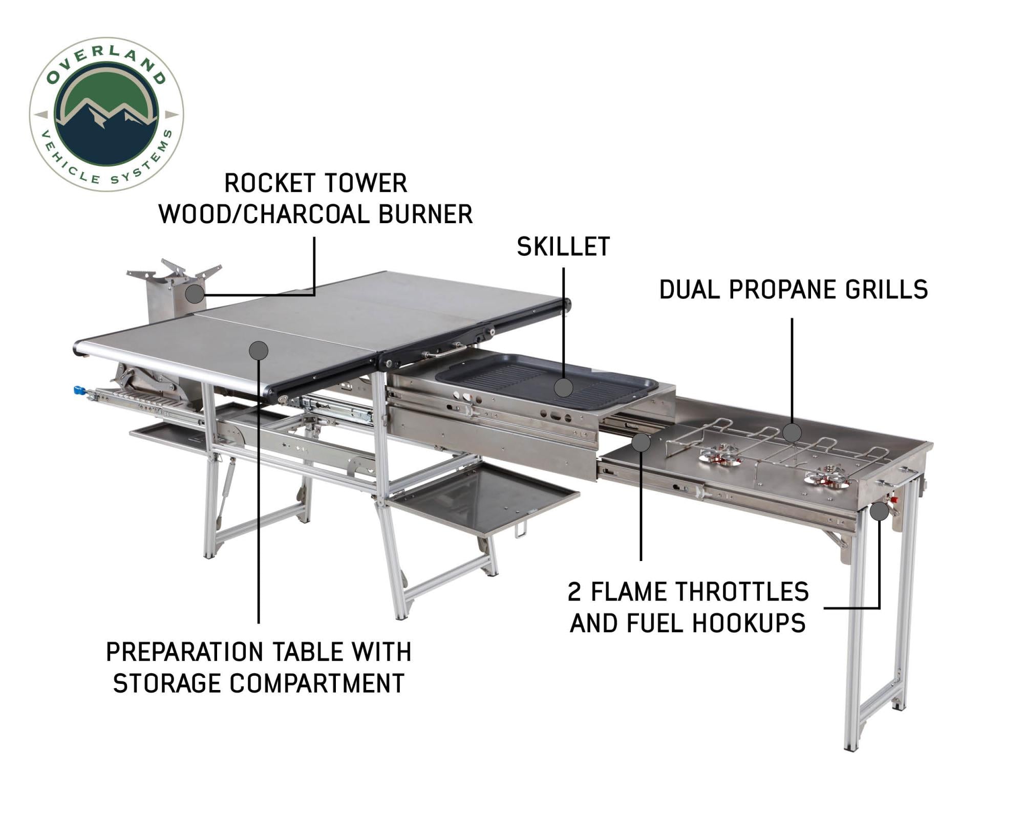 OVS | Table / Snack Tray | Komodo Camp Kitchen - Dual Grill, Skillet, Folding Shelves, and Rocket Tower - Stainless Steel | 30100001