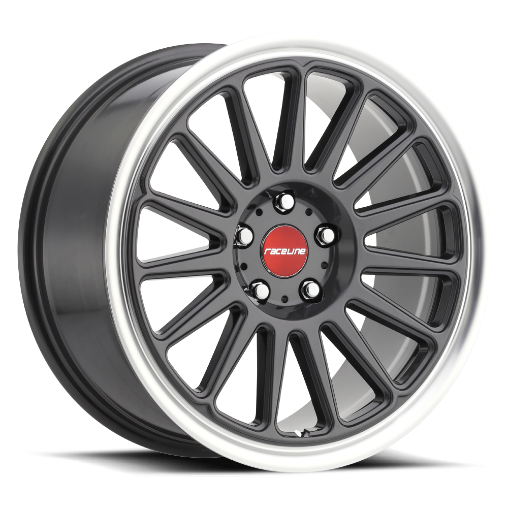 RACELINE | Aluminum Wheels | Aluminum Wheels 18x8.5 Grip 315G Machined Lip-Red Logo Gloss Gunmetal Grray Multi Spoke 35 Offset 5 on 112 Bolt Pattern 66.6 Bore Raceline | 315G-88517+35