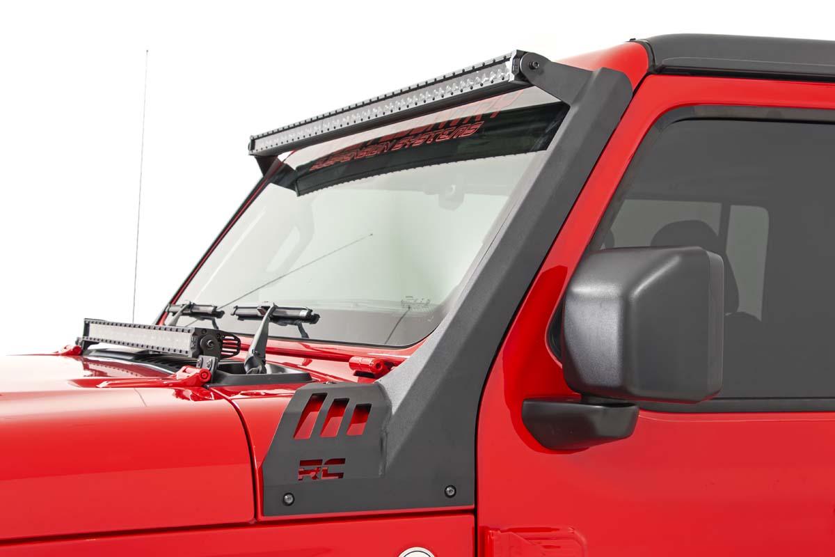 Rough Country | LED Light Bars | Jeep 50-Inch Straight LED Light Bar Upper Windshield Kit w/ Single-Row Black Series LED White DRL 20-Up Gladiator JT 18-20 Wrangler JL Rough Country | 70066