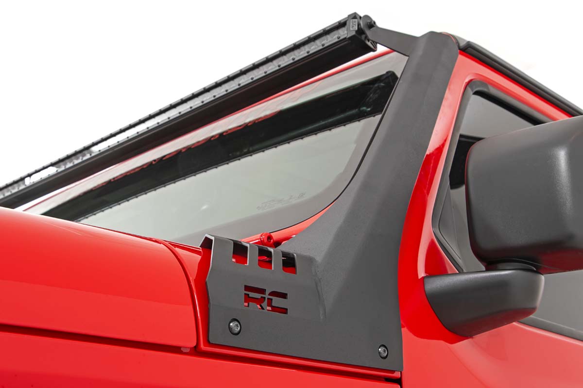 Rough Country | LED Light Bars | Jeep 50-Inch Straight LED Light Bar Upper Windshield Kit w/ Single-Row Black Series LED White DRL 20-Up Gladiator JT 18-20 Wrangler JL Rough Country | 70066