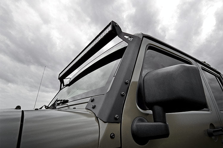 Rough Country | LED Light Bars | Jeep 50-Inch Straight LED Light Bar Upper Windshield Kit w/ 50 Inch Black Series LED Light w/ Amber DRL 07-18 Wrangler JK Rough Country | 70504BLDRLA