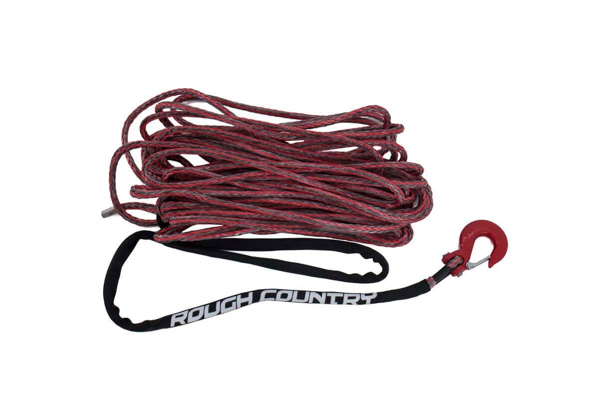 Rough Country | Winch Rope | Synthetic Rope 85 Feet Rated Up to 16,000 Lbs 3/8 Inch Includes Clevis Hook and Protective Sleeve Red/Grey Combo Rough Country | RS116