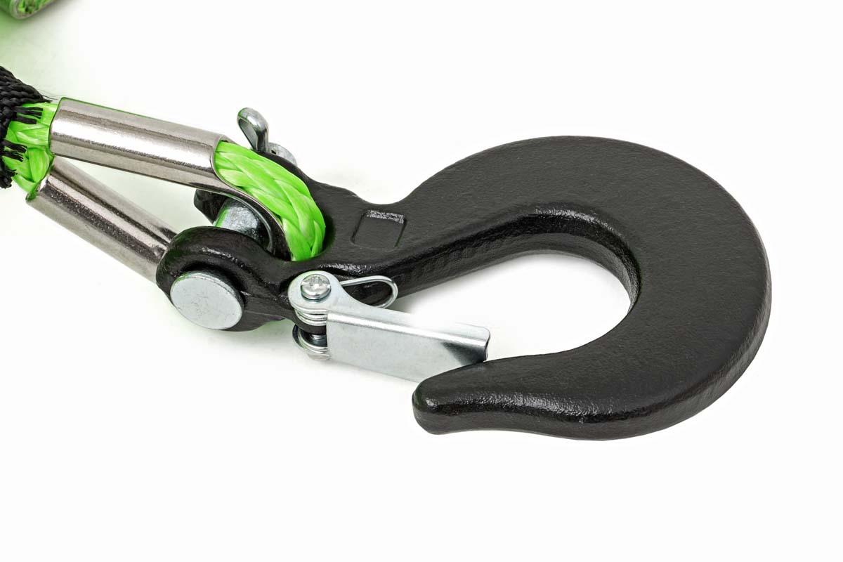 Rough Country | Winch Rope | 1/4 Inch Synthetic Rope 85 Feet Rated Up to 16,000 Lbs 3/8 Inch Includes Clevis Hook and Protective Sleeve UTV, ATV Green Rough Country | RS142